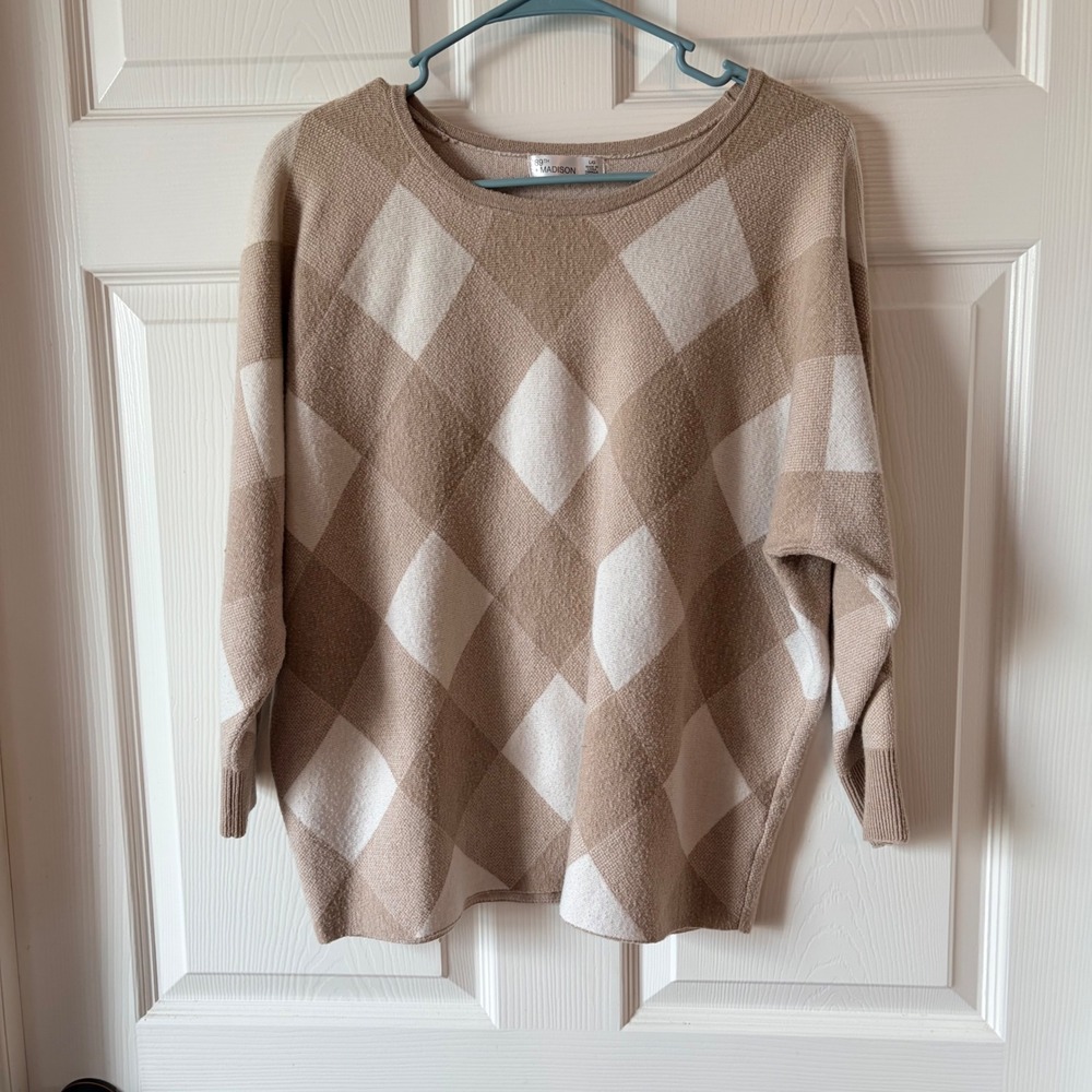 89th + Madison Womens Tan White Argyle Oversized Knit Sweater Large RN160141